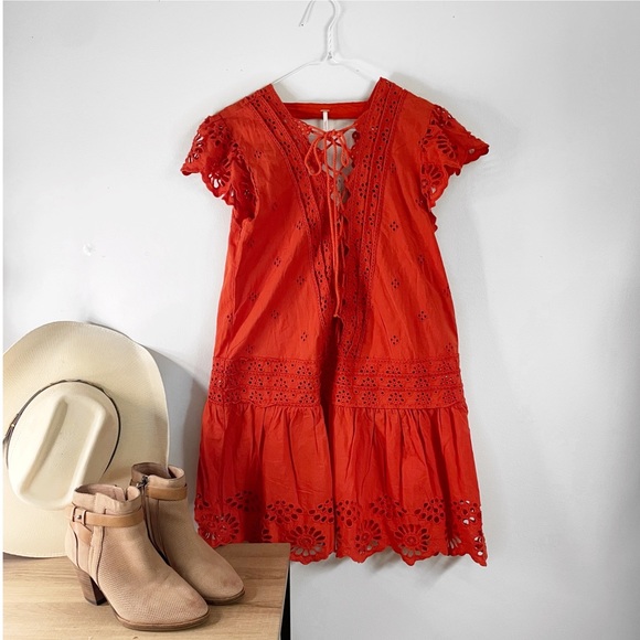 Free People Esperanza Orange Eyelet Mini Dress Size Small - Picture 1 of 15